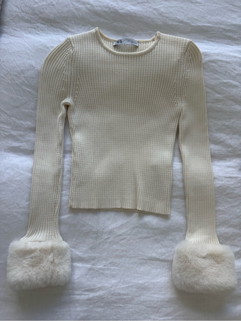 Zara Cream Ribbed Crewneck Sweater with Faux Fur Cuffs